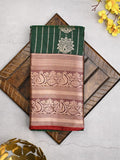 Banaras fancy saree dark green color allover zari motifs & zari border with rich contrast pallu and plain blouse