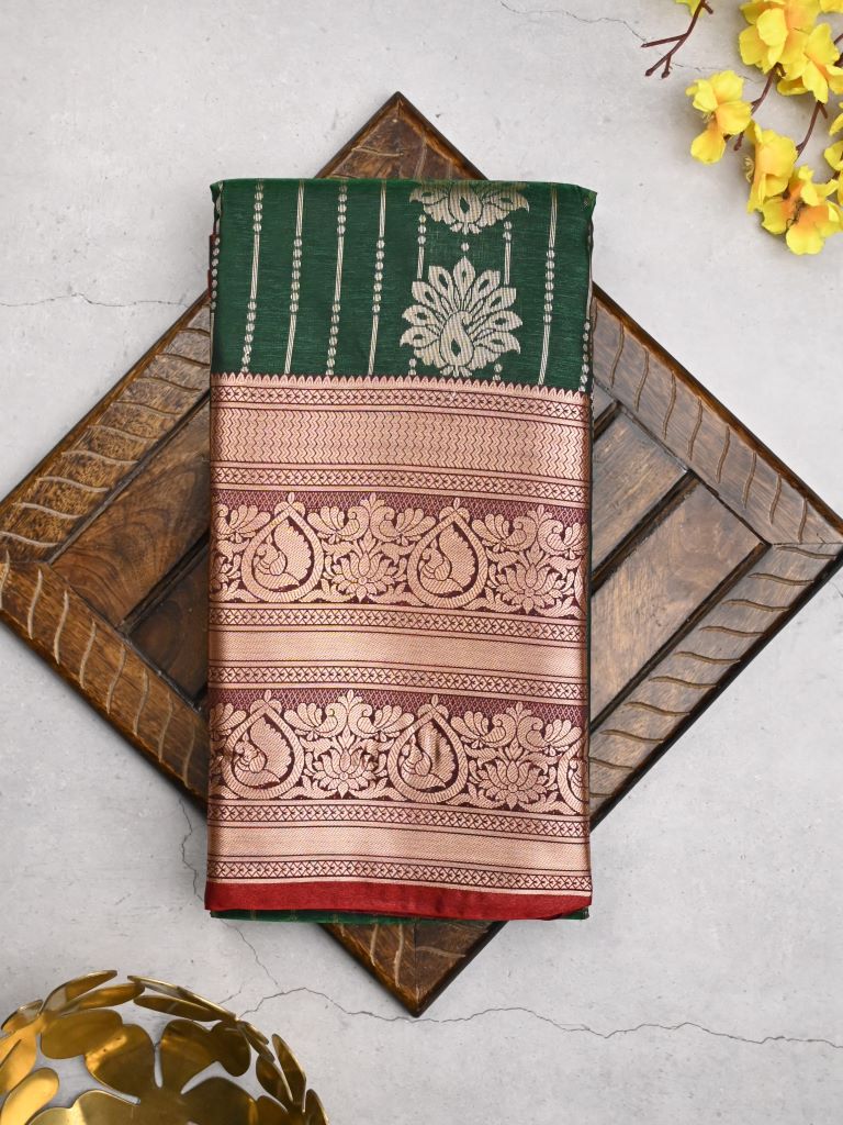 Banaras fancy saree dark green color allover zari motifs & zari border with rich contrast pallu and plain blouse