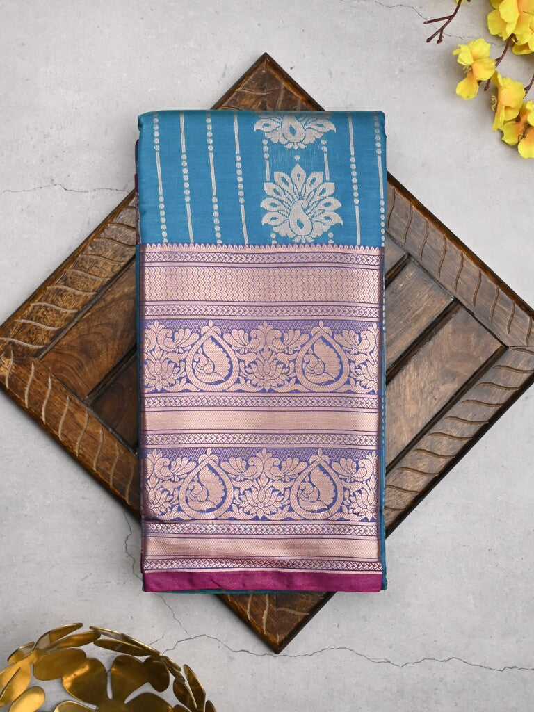 Banaras fancy saree sky blue color allover zari motifs & zari border with rich contrast pallu and plain blouse