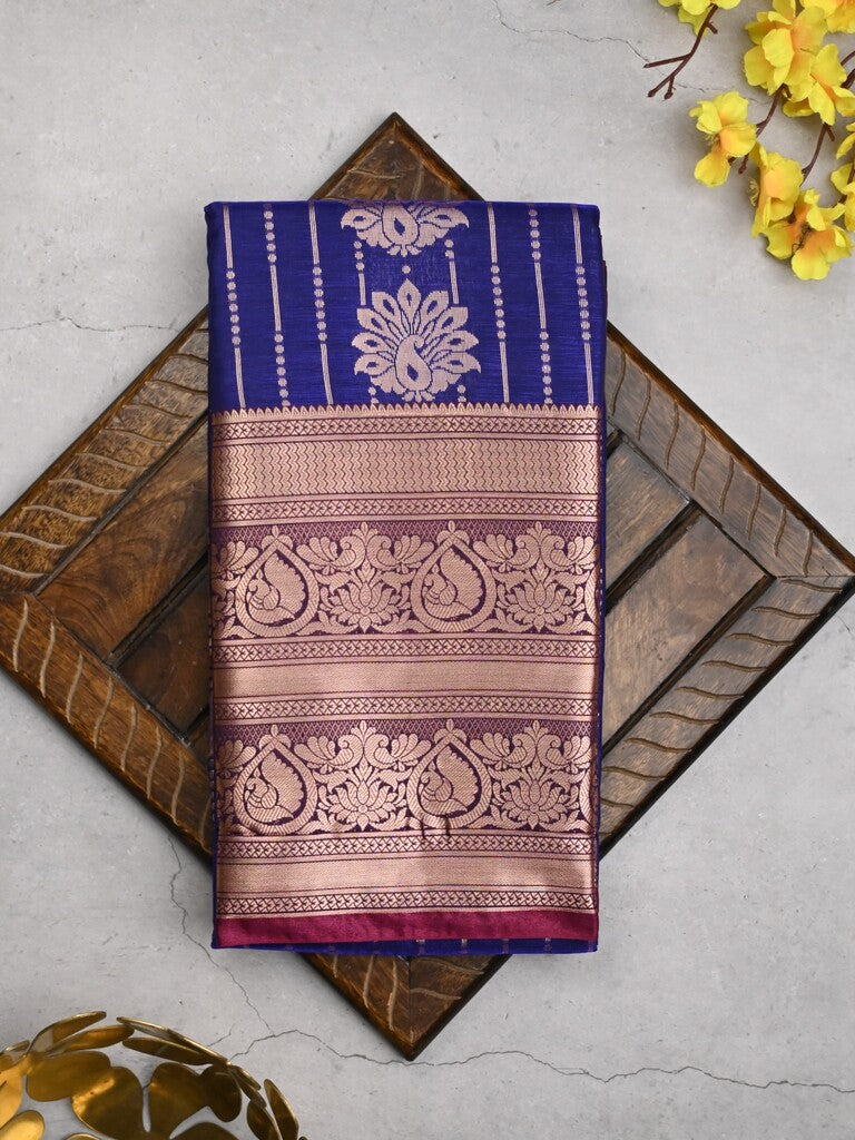 Banaras fancy saree royal blue color allover zari motifs & zari border with rich contrast pallu and plain blouse