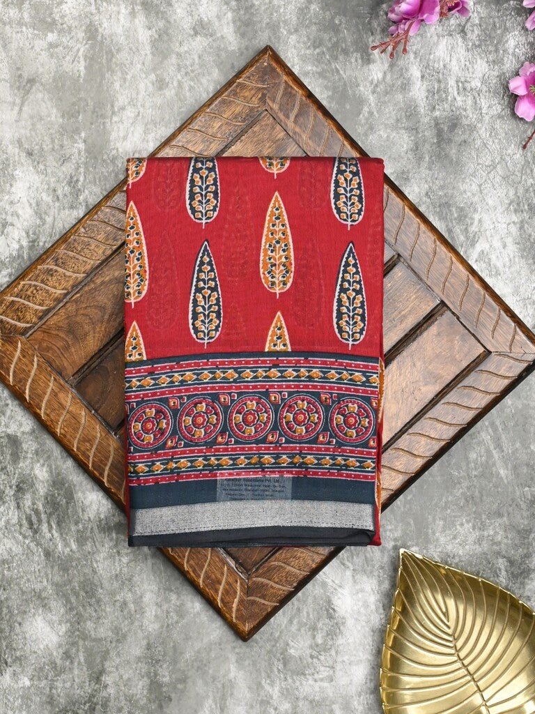 Maheshwari fancy saree red color allover prints & printed zari border with printed pallu and contrast blouse