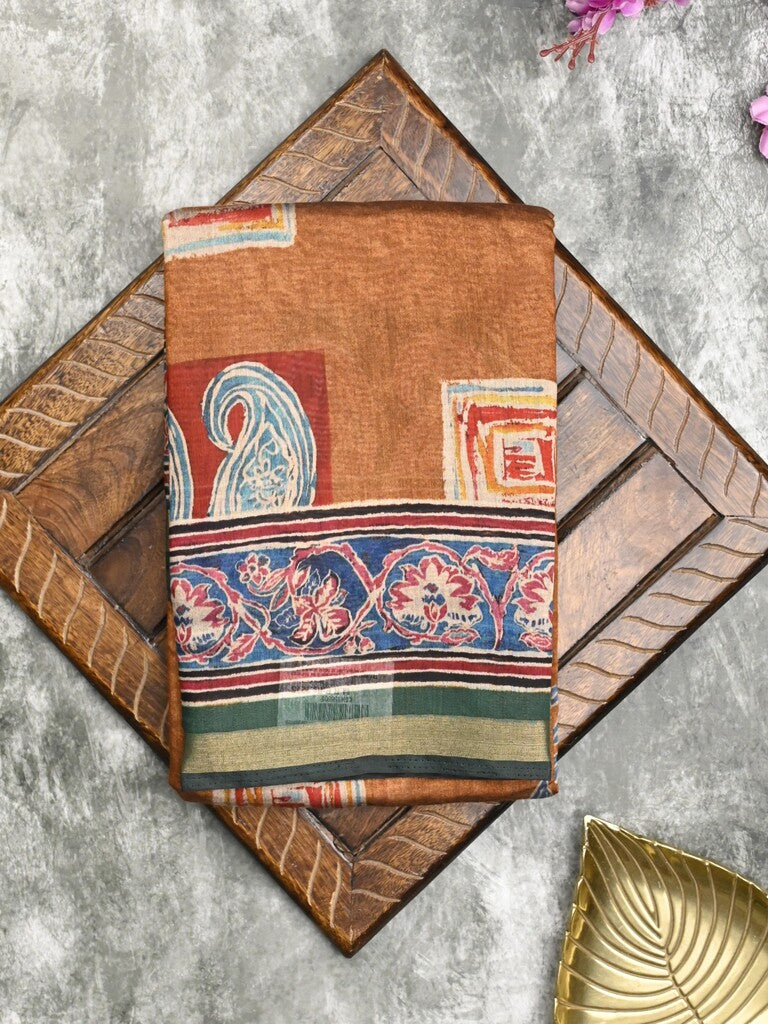 Maheshwari fancy saree mustard yellow color allover prints & printed zari border with printed pallu and contrast blouse