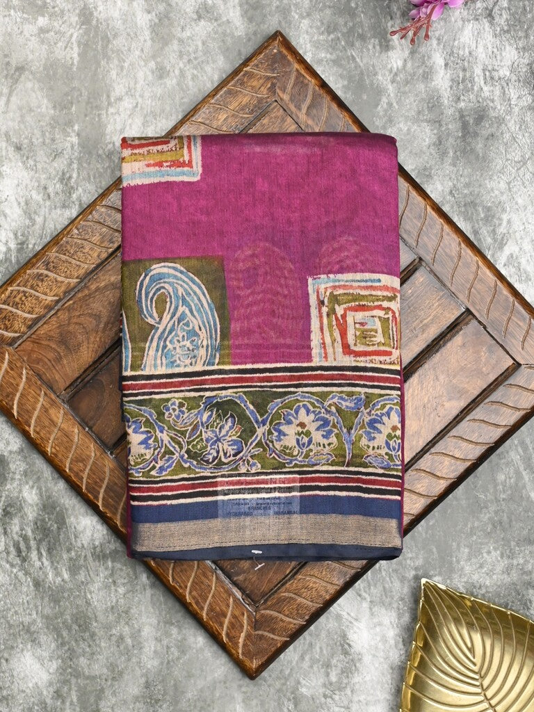 Maheshwari fancy saree dark pink color allover prints & printed zari border with printed pallu and contrast blouse