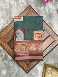 Maheshwari fancy saree dark green color allover prints & printed zari border with printed pallu and contrast blouse