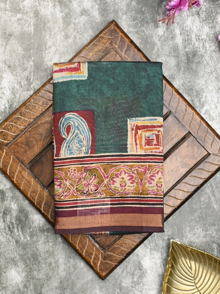 Maheshwari fancy saree dark green color allover prints & printed zari border with printed pallu and contrast blouse