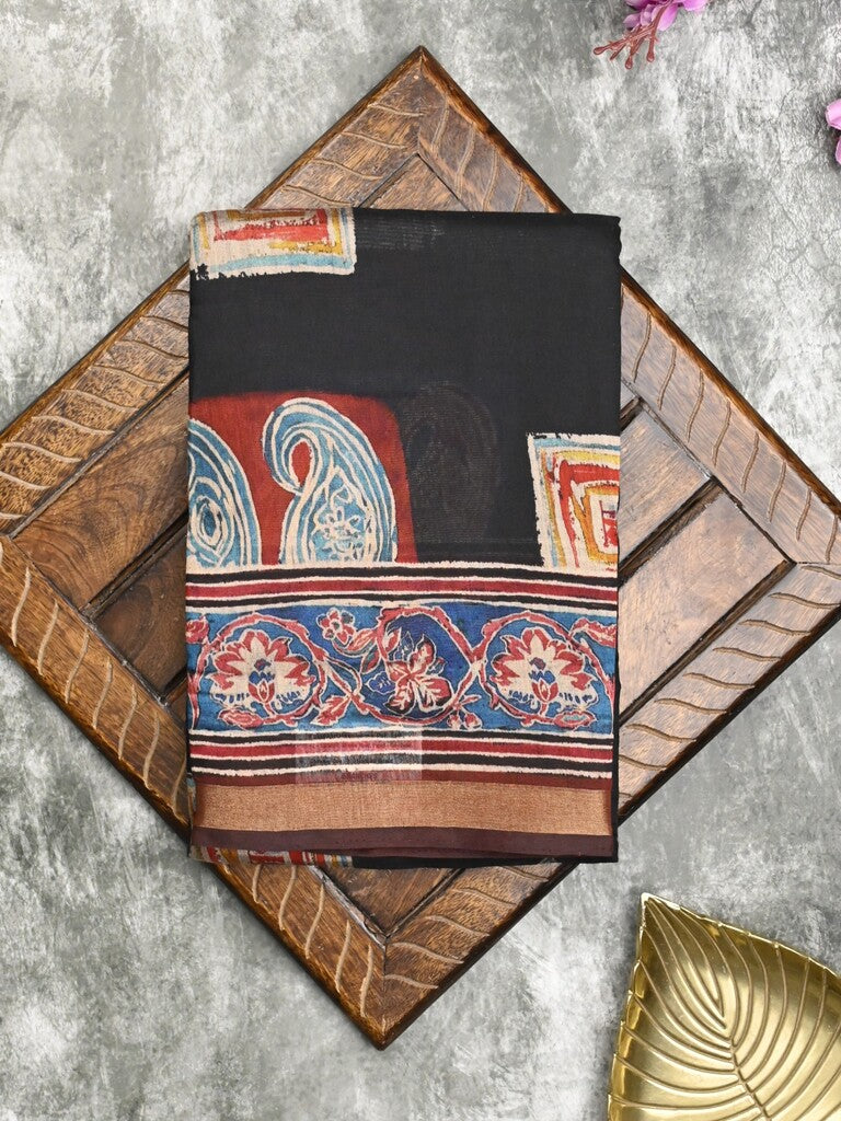 Maheshwari fancy saree black color allover prints & printed zari border with printed pallu and contrast blouse