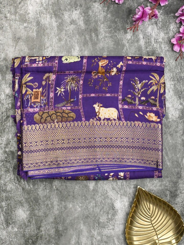 Dola silk fancy saree violet color allover prints & zari border with rich pallu and contrast plain blouse