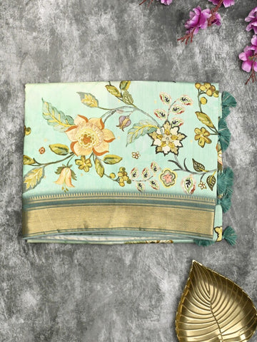 Dola silk fancy saree half white color allover prints & zari border with rich pallu and contrast plain blouse