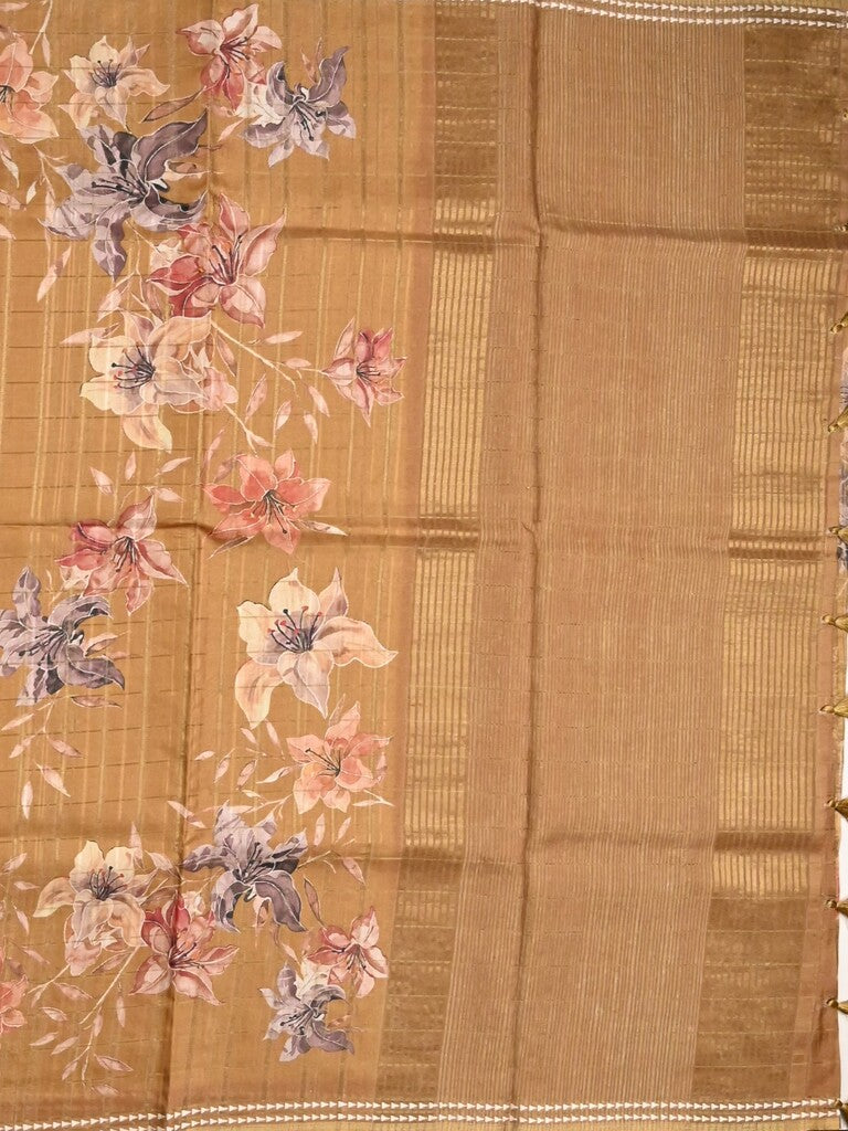 Tussar fancy saree dark beige color allover checks & prints with contrast pallu and printed blouse
