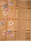 Tussar fancy saree dark beige color allover checks & prints with contrast pallu and printed blouse
