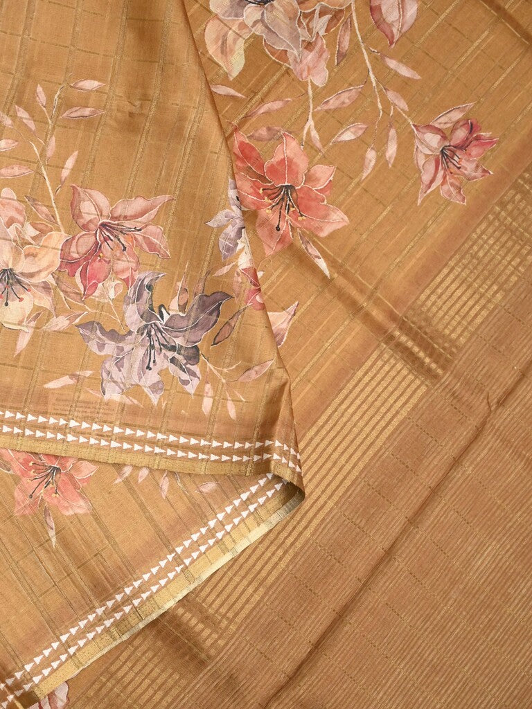 Tussar fancy saree dark beige color allover checks & prints with contrast pallu and printed blouse
