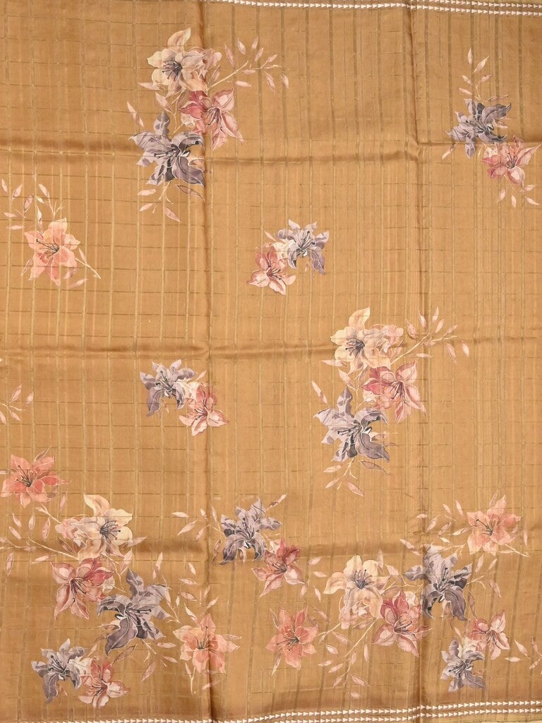 Tussar fancy saree dark beige color allover checks & prints with contrast pallu and printed blouse