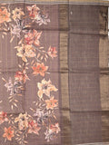 Tussar fancy saree grey color allover checks & prints with contrast pallu and printed blouse
