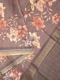 Tussar fancy saree grey color allover checks & prints with contrast pallu and printed blouse