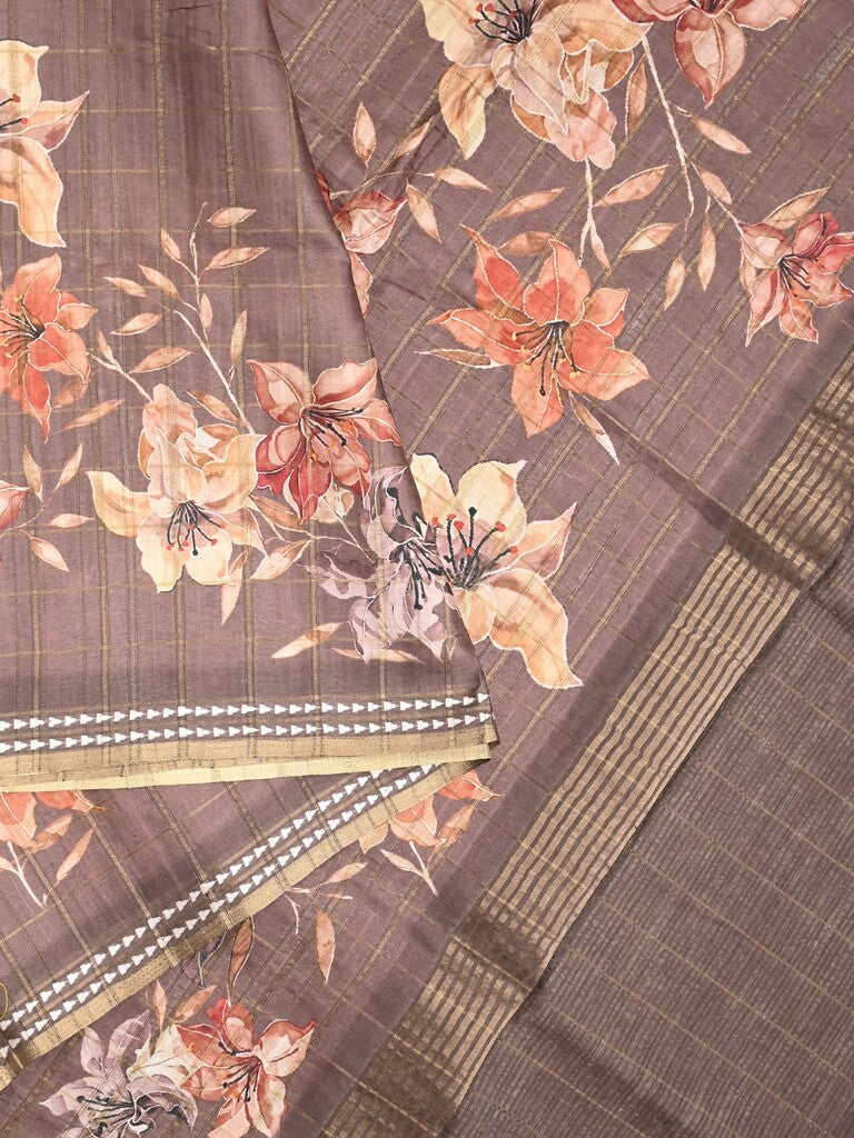 Tussar fancy saree grey color allover checks & prints with contrast pallu and printed blouse