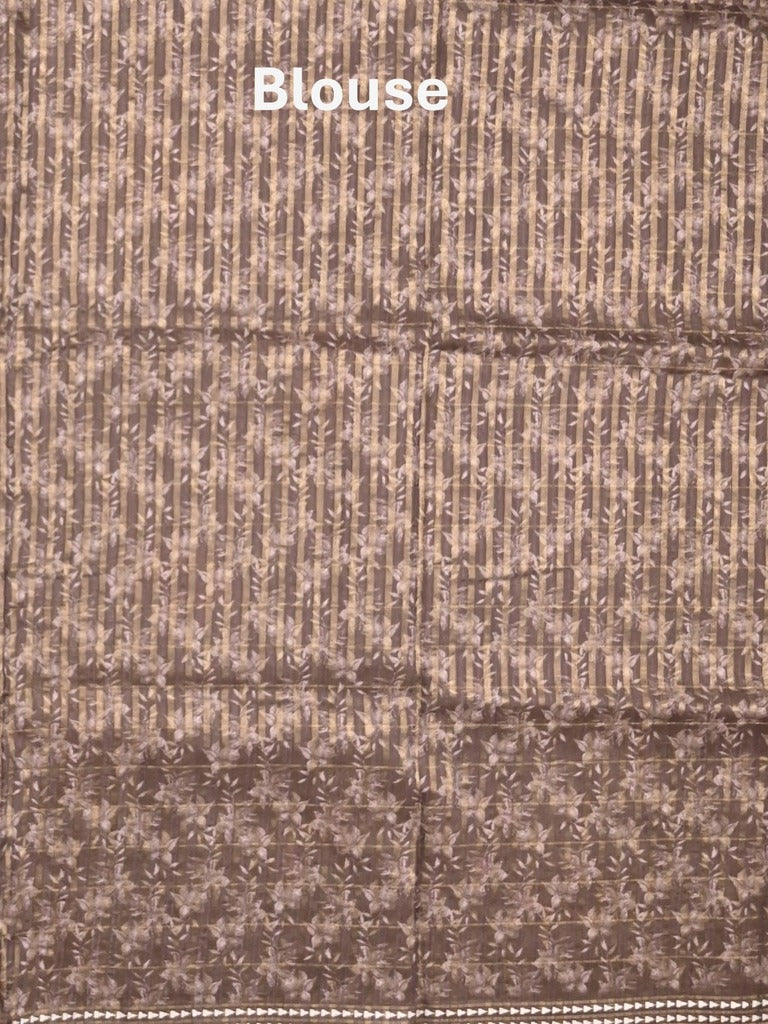 Tussar fancy saree grey color allover checks & prints with contrast pallu and printed blouse