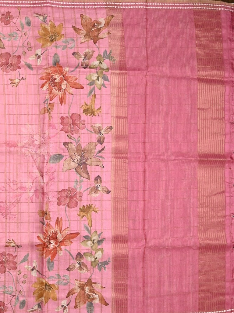 Tussar fancy saree baby pink color allover checks & prints with contrast pallu and printed blouse