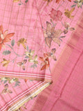 Tussar fancy saree baby pink color allover checks & prints with contrast pallu and printed blouse