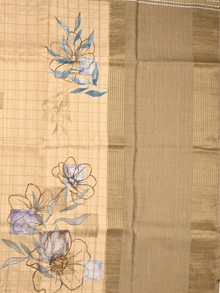 Tussar fancy saree cream color allover checks & prints with contrast pallu and printed blouse