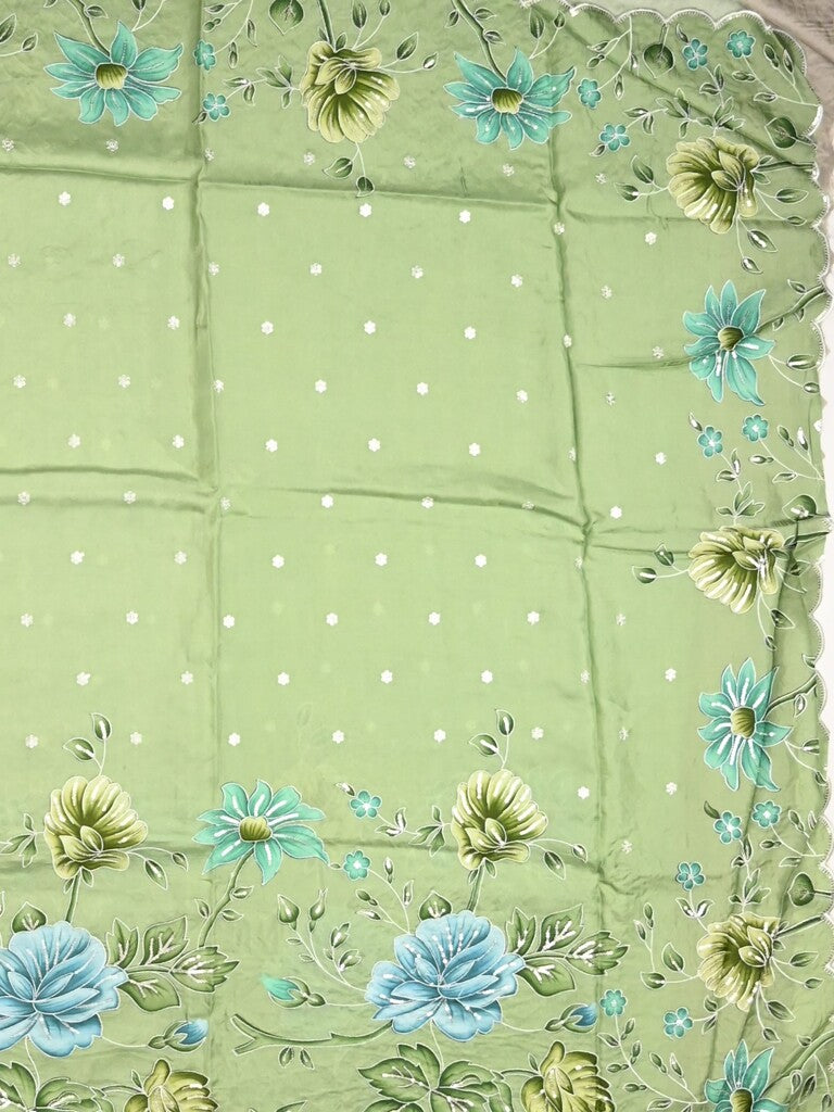 Dola silk fancy saree pista green color allover prints, sequence work & cutwork border with running pallu