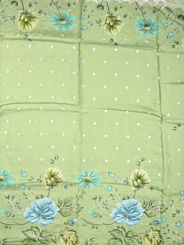 Dola silk fancy saree pista green color allover prints, sequence work & cutwork border with running pallu