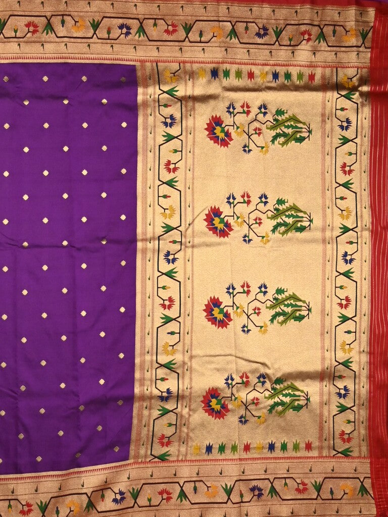 Banaras pattu saree violet color allover zari motifs & paithani border with paithani pallu and contrast blouse