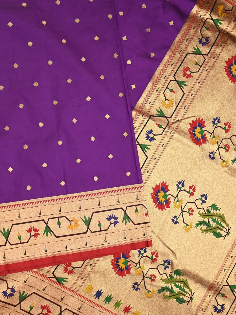 Banaras pattu saree violet color allover zari motifs & paithani border with paithani pallu and contrast blouse