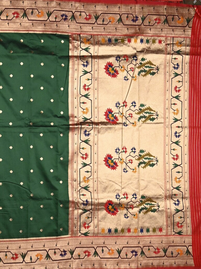 Banaras pattu saree bottle green color allover zari motifs & paithani border with paithani pallu and contrast blouse