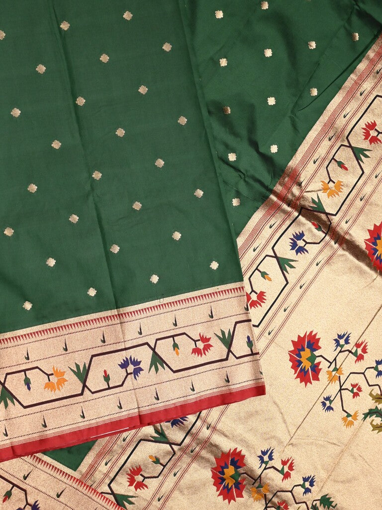 Banaras pattu saree bottle green color allover zari motifs & paithani border with paithani pallu and contrast blouse