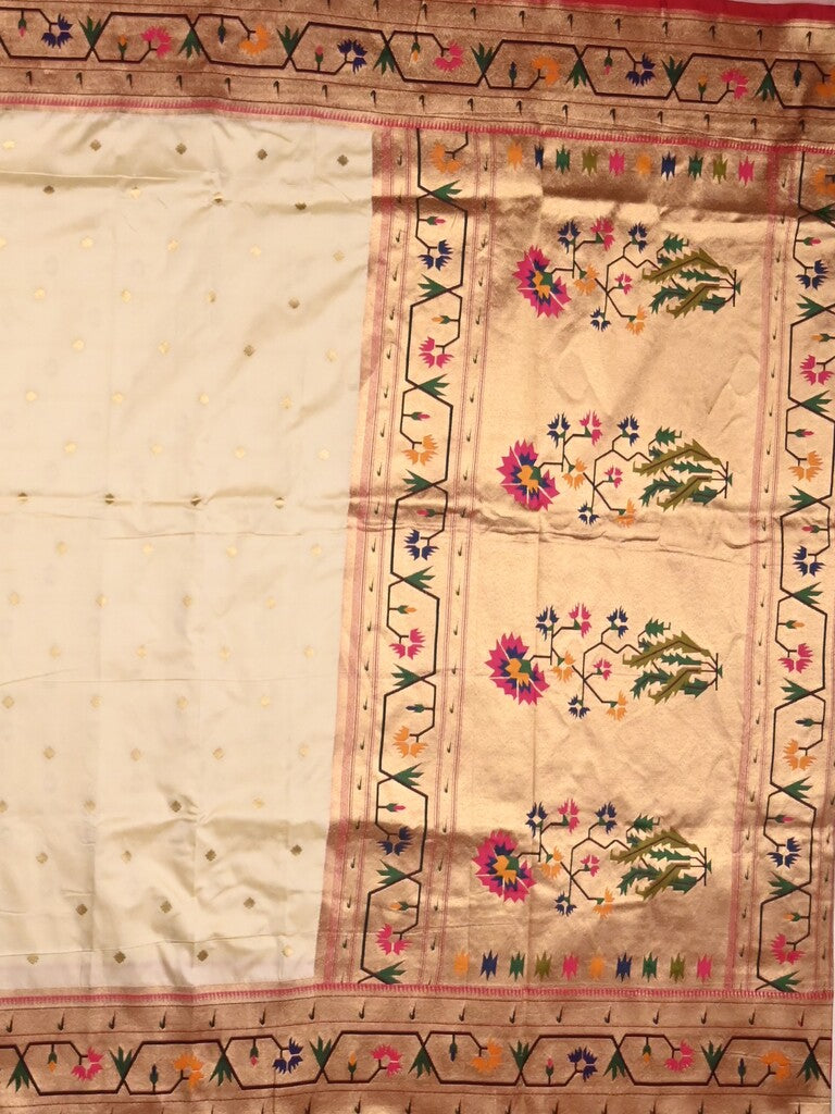 Banaras pattu saree half white color allover zari motifs & paithani border with paithani pallu and contrast blouse