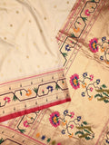Banaras pattu saree half white color allover zari motifs & paithani border with paithani pallu and contrast blouse