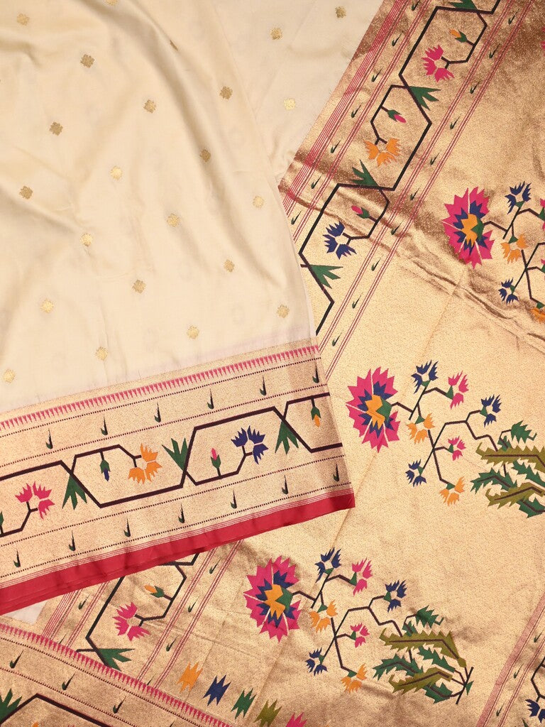 Banaras pattu saree half white color allover zari motifs & paithani border with paithani pallu and contrast blouse