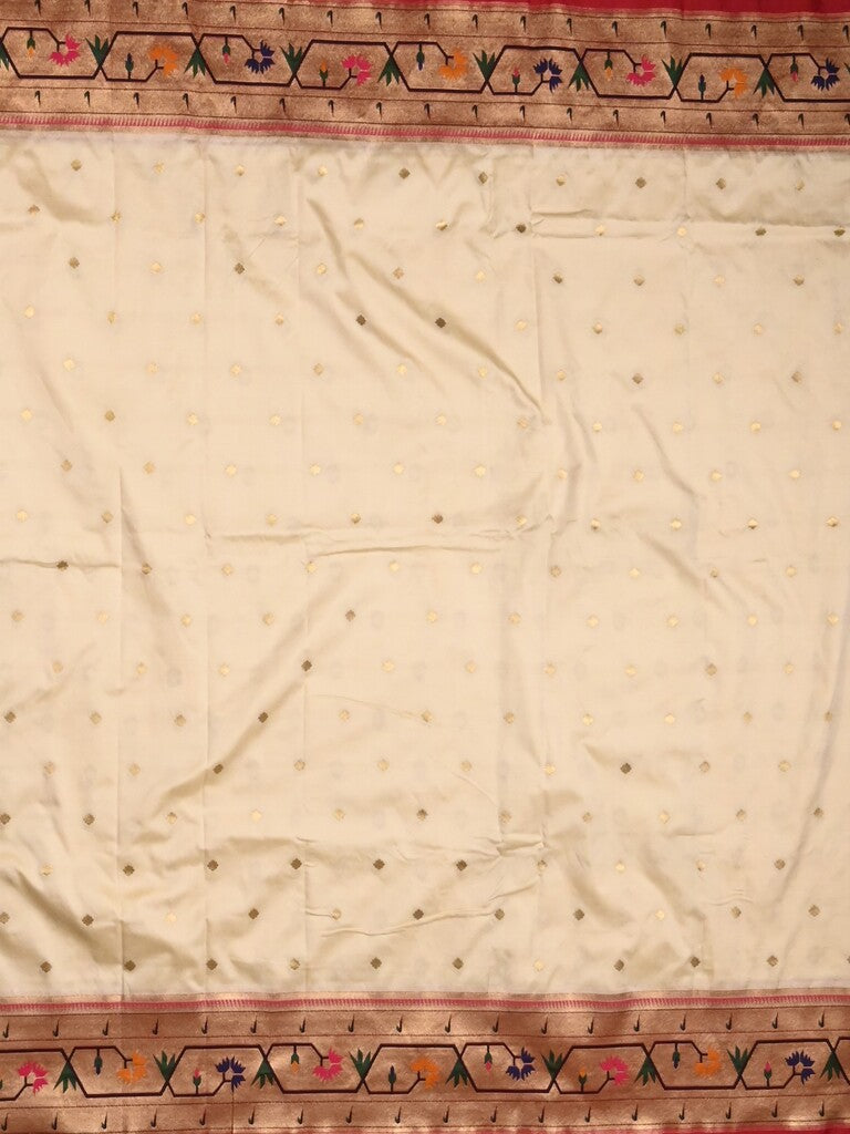 Banaras pattu saree half white color allover zari motifs & paithani border with paithani pallu and contrast blouse