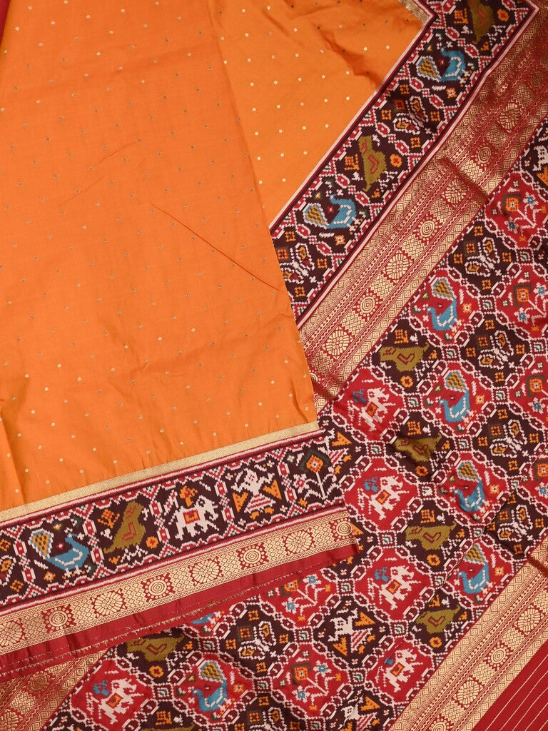 Banaras pattu saree orange color allover zari motifs & paithani border with paithani pallu and contrast blouse
