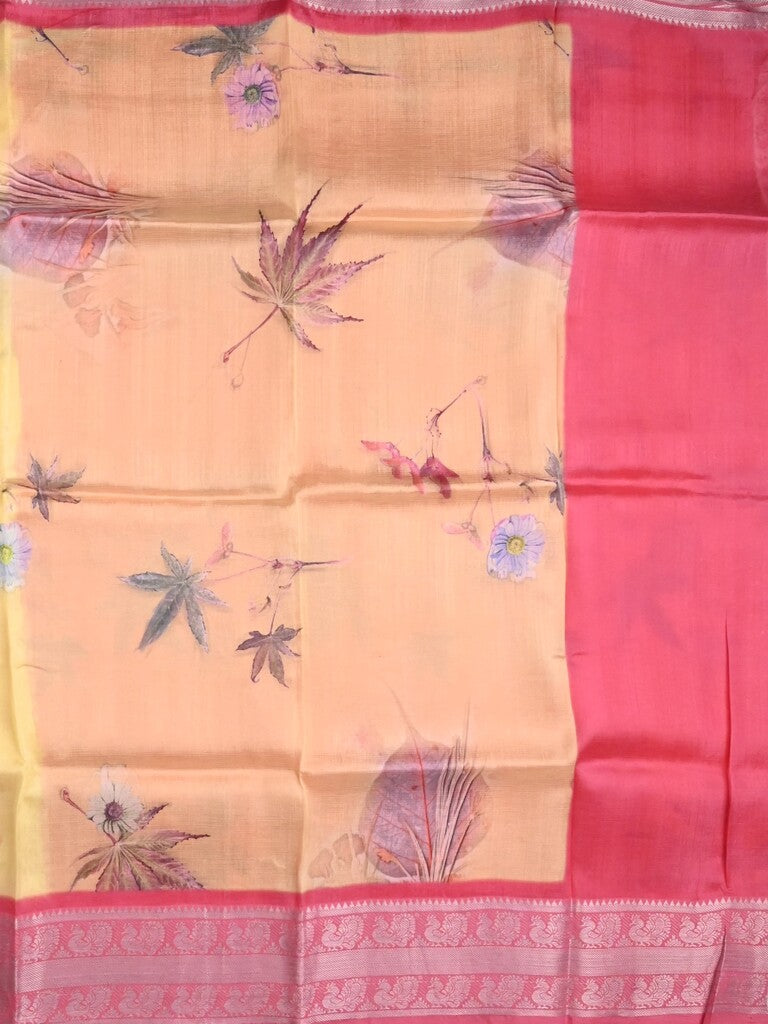 Mangalagiri fancy saree cream color allover prints & zari border with short pallu and contrast plain blouse