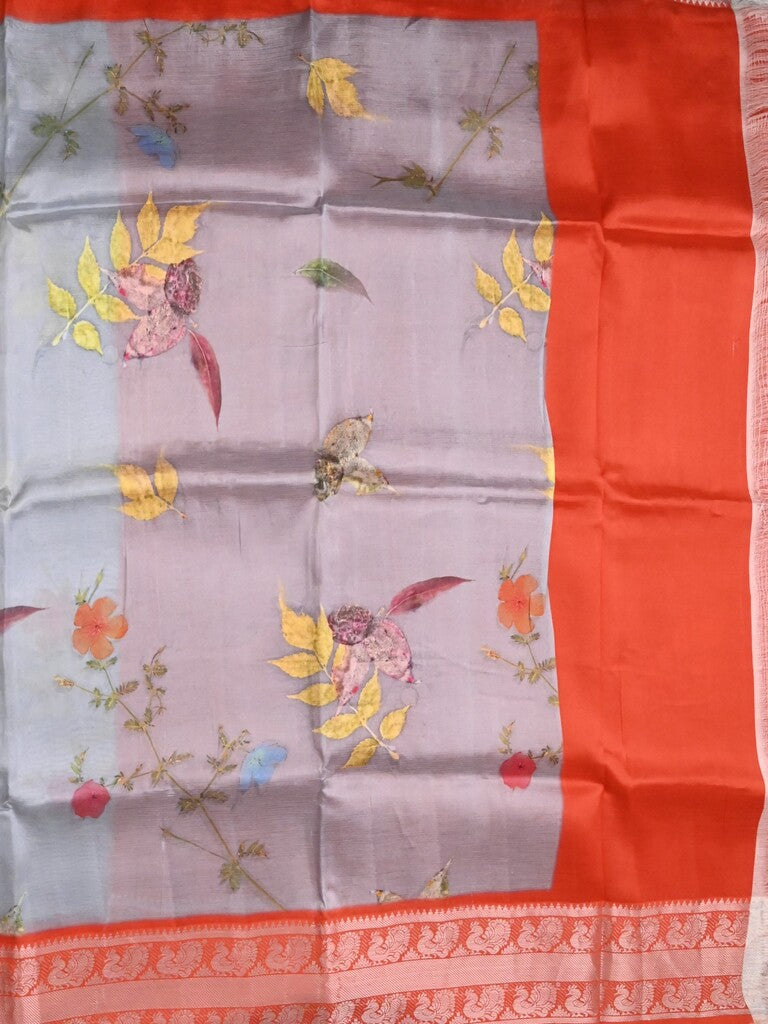 Mangalagiri fancy saree light grey color allover prints & zari border with short pallu and contrast plain blouse