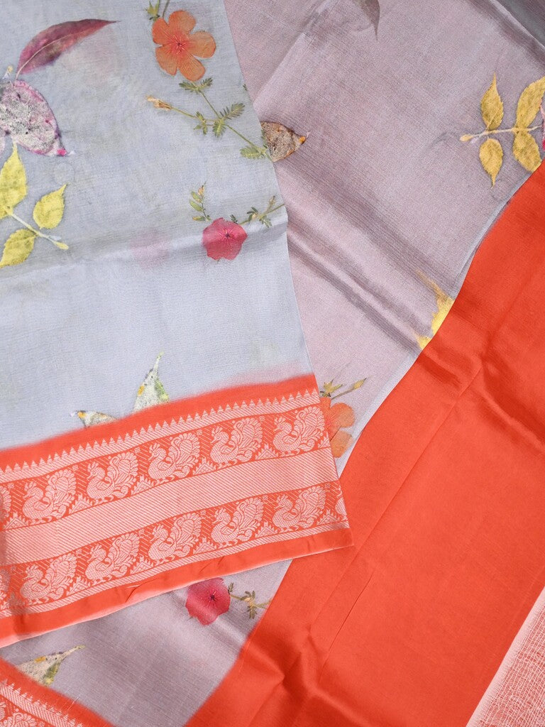 Mangalagiri fancy saree light grey color allover prints & zari border with short pallu and contrast plain blouse