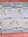 Mangalagiri fancy saree light grey color allover prints & zari border with short pallu and contrast plain blouse