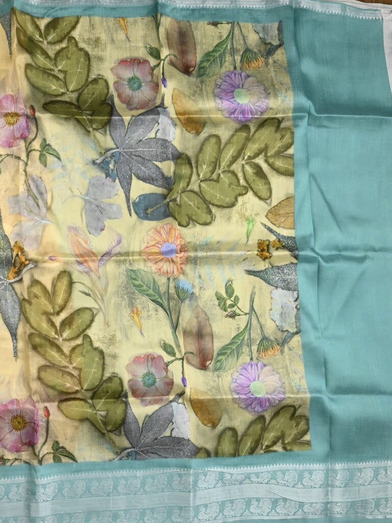 Mangalagiri fancy saree cream color allover prints & zari border with short pallu and contrast plain blouse