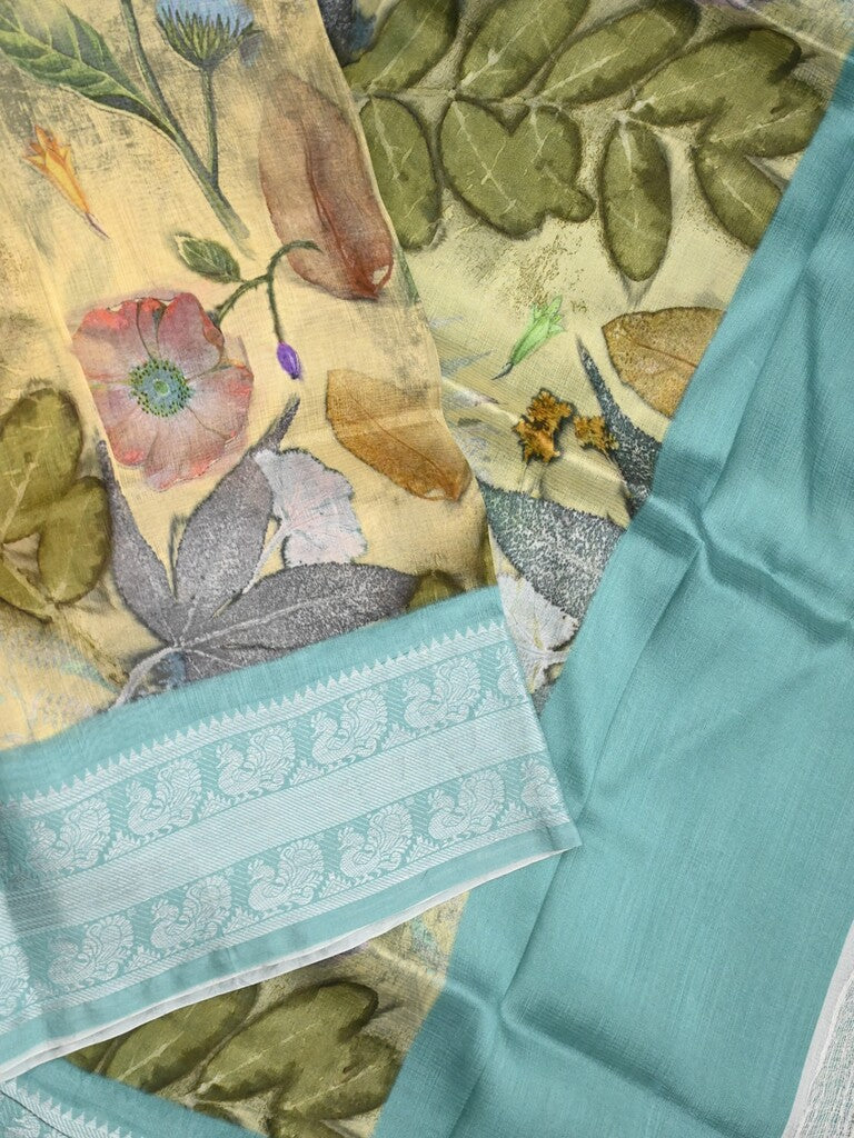 Mangalagiri fancy saree cream color allover prints & zari border with short pallu and contrast plain blouse