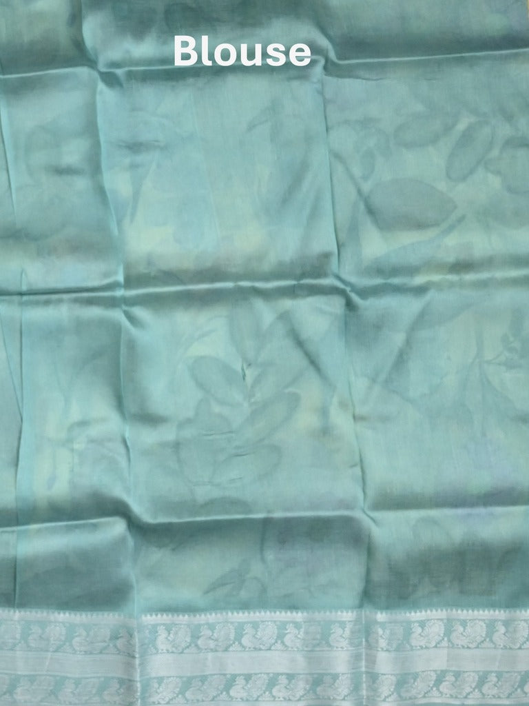 Mangalagiri fancy saree cream color allover prints & zari border with short pallu and contrast plain blouse