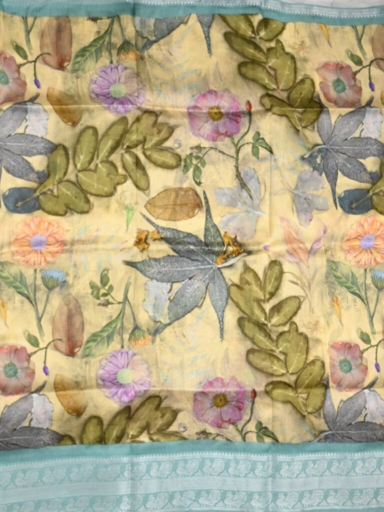 Mangalagiri fancy saree cream color allover prints & zari border with short pallu and contrast plain blouse