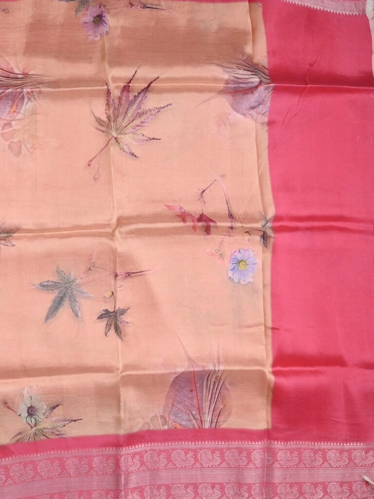 Mangalagiri fancy saree light peach color allover prints & zari border with short pallu and contrast plain blouse