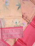 Mangalagiri fancy saree light peach color allover prints & zari border with short pallu and contrast plain blouse