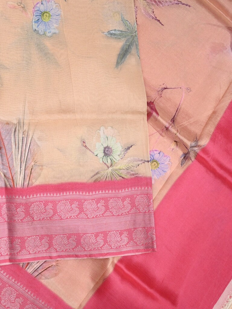 Mangalagiri fancy saree light peach color allover prints & zari border with short pallu and contrast plain blouse