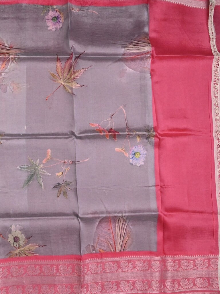 Mangalagiri fancy saree grey color allover prints & zari border with short pallu and contrast plain blouse
