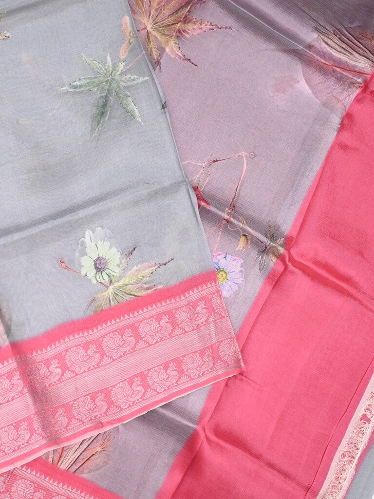 Mangalagiri fancy saree grey color allover prints & zari border with short pallu and contrast plain blouse