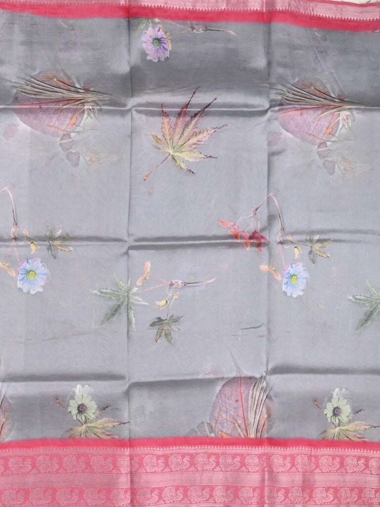 Mangalagiri fancy saree grey color allover prints & zari border with short pallu and contrast plain blouse