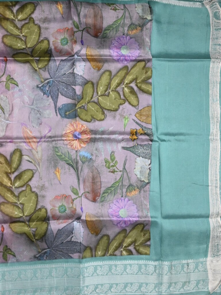 Mangalagiri fancy saree light purple color allover prints & zari border with short pallu and contrast plain blouse