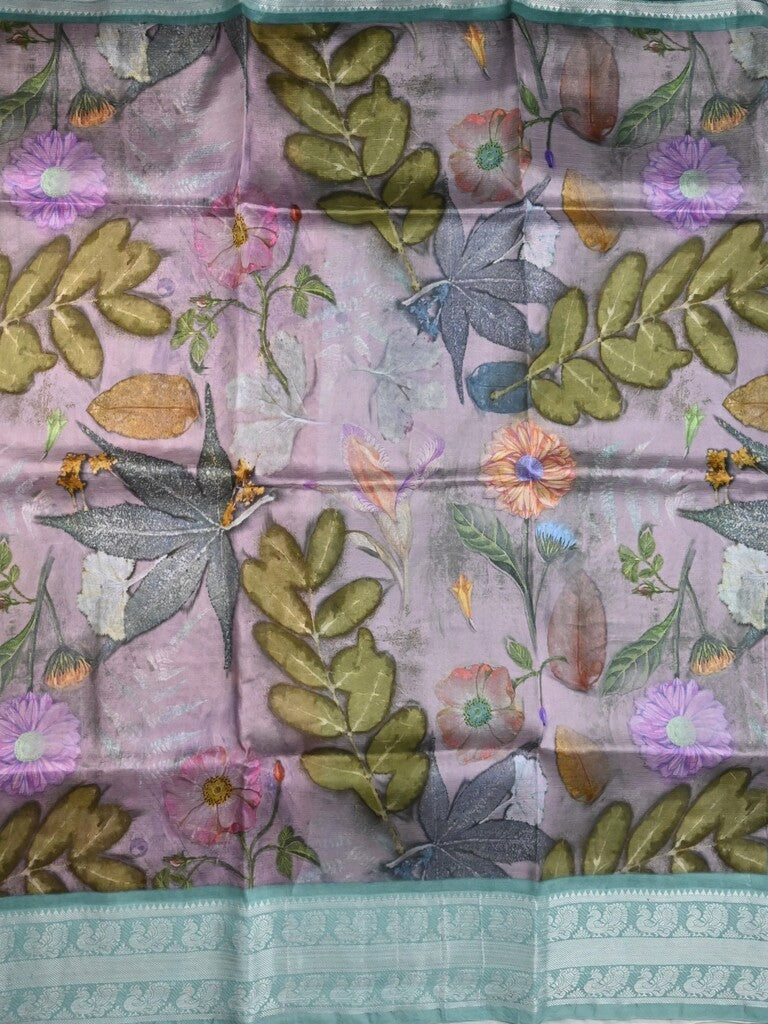 Mangalagiri fancy saree light purple color allover prints & zari border with short pallu and contrast plain blouse